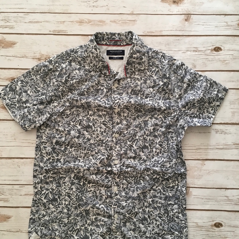 Denim & Flower men’s Navy Grey Floral print short sleeve button up